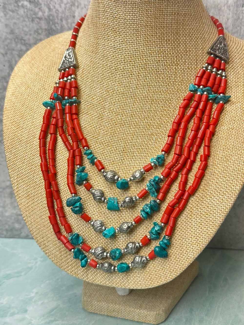 Multi Layered coral and turquoise bead necklace with silver accents